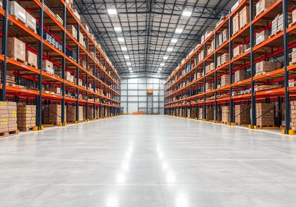Warehouse with racking on a light grey resin floor